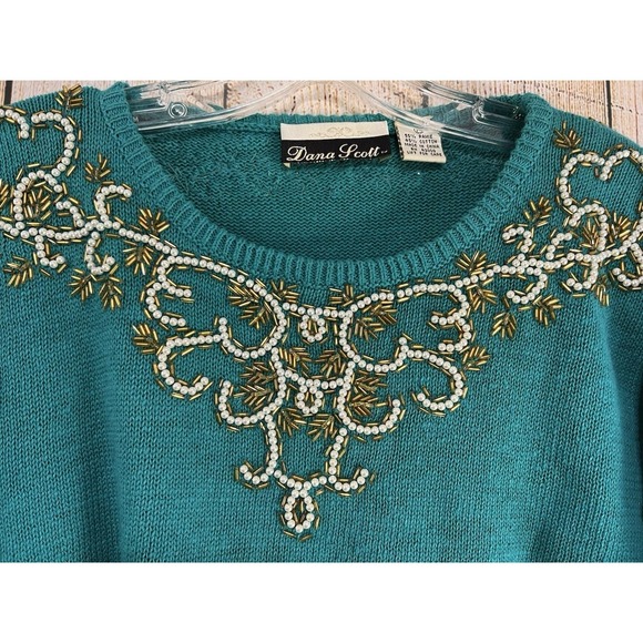 Vtg 90s Teal Beaded Knit Sweater Sz M Pearl Sequin Embellished Y2K Soft Glam - Picture 2 of 8